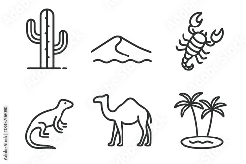 Desert Life Icons. Line style icons of Desert Life: cactus, sand dune, scorpion, lizard, camel, oasis palm. No text, No labels,