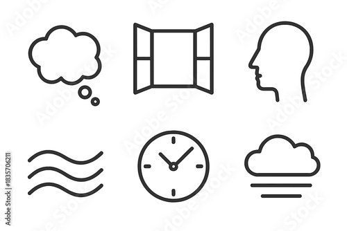 Inner Worlds Icons. Line style icons of Inner Worlds: thought bubble, open window, face outline, wave, clock, fog shape. No text,