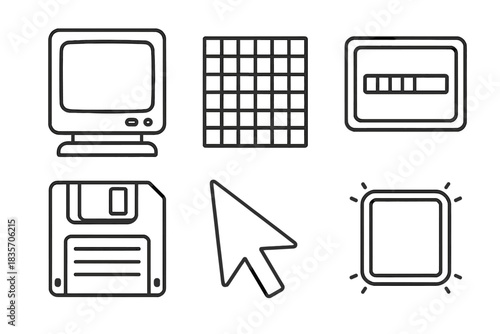 Retro Icons Collection. Line style icons of Retro Screens: CRT monitor, pixel grid, loading bar, floppy disk, cursor arrow, glow