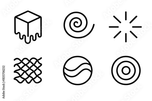 Fluid Geometry Icons. Line style icons of Fluid Geometry: melting cube, stretched spiral, expanding line, echo ring, liquid grid,