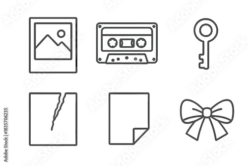 Nostalgic Icons. Line style icons of Old Memories: instant photo, cassette tape, key, torn page, folded paper, delicate bow. No