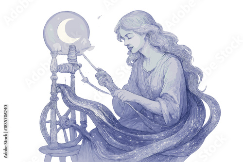 Moonlit Galaxy Weaving. a celestial spinner turning threads of moonlight into woven galaxy ribbons, pale lilac and icy silver