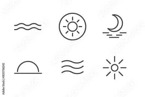Atmospheric Light Icons. Line style icons of Atmospheric Light: mist wave, sun halo, moon reflection, light arc, haze line,