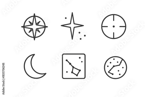 Night Navigation Icons. Line style icons of Night Navigation: compass rose, north star, guiding dots, telescope sight, crescent