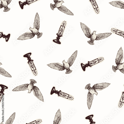 Christian holy dove hand drawn seamless vector pattern. Religious home decor background for sunday school bible study motif. Reflection candle symbol all over print. 