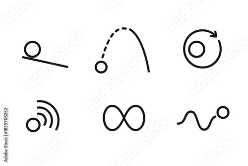 Kinetic Motion Icons. Line style icons of Kinetic Motion: rolling ball, trajectory line, speed arc, curved arrow, momentum ripple,