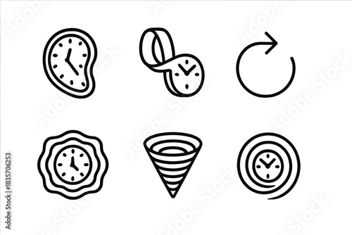 Temporal Shift Icons. Line style icons of Temporal Shifts: warped clock, folded loop, reversed arrow, time ripple, spiral beam,
