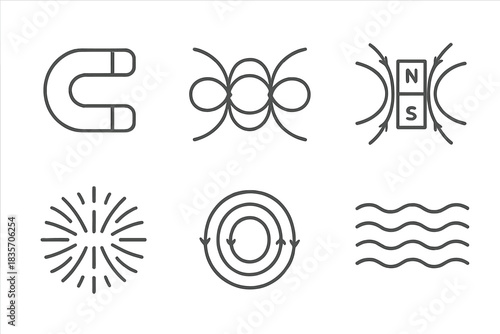 Magnetic Field Icons. Line style icons of Magnetic Fields: horseshoe magnet, magnetic lines, north-south poles, iron filings,