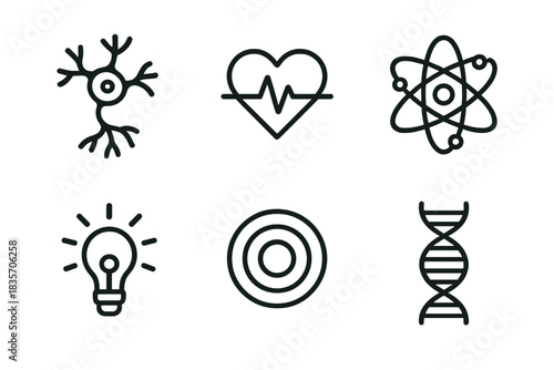 Conscious Matter Icons. Line style icons of Conscious Matter: floating neuron, heart pulse, atom circle, light cell, energy ripple