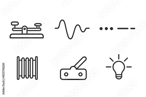 Electric Whispers Icons. Line style icons of Electric Whispers: telegraph key, signal line, Morse code dots, wire coil, switch,