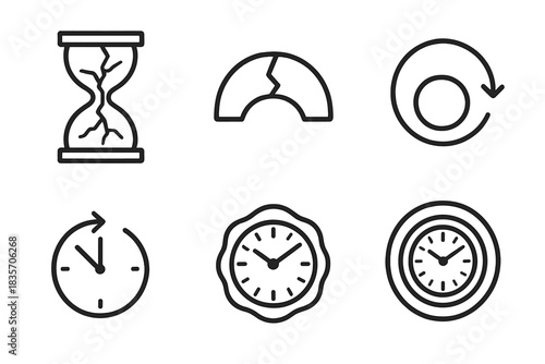 Time Fracture Icons. Line style icons of Time Fractures: cracked hourglass, splintered arc, repeating loop, bent arrow, mirrored