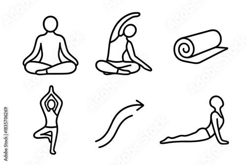 Yoga Practice Icons. Line style icons of Yoga Practice: seated figure, stretching arm, mat roll, balance pose, curve motion, body