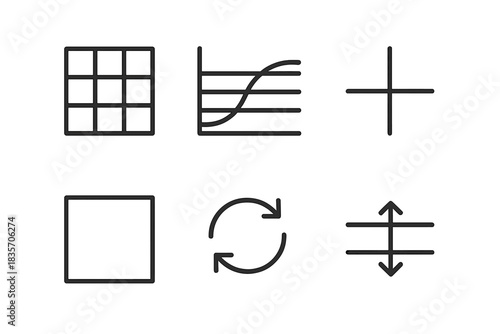 Structural Rhythm Icons. Line style icons of Structural Rhythm: pattern grid, curve overlay, baseline, modular square, repeat