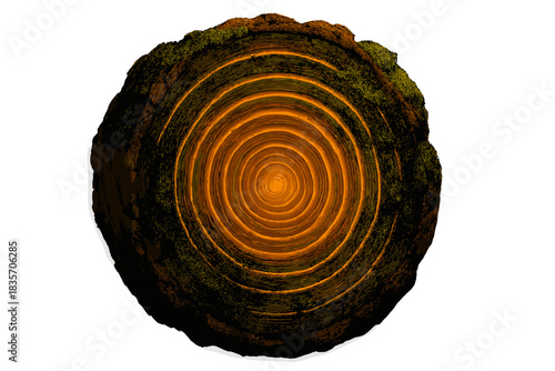 Tree Memory Rings. a cross-section of a tree trunk with glowing rings showing memories of each passing season, amber and moss
