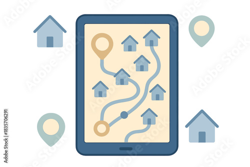Evacuation Route Planner. a digital tablet showing a friendly evacuation route planner surrounded by icons of homes and safe zones