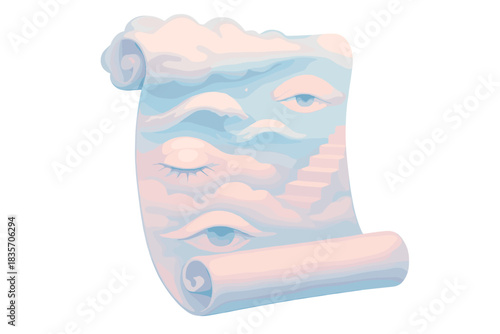 Dreamlike Cloud Scroll. a cloud scroll unfolding with a dream topography of waves, eyes, and stairs, soft pink and sky blue tones,