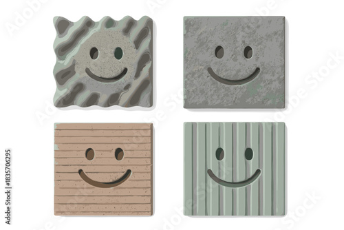 Smiling Soundproof Material. a set of soundproof material samples with smiling textures like foam, felt, and panels, muted gray