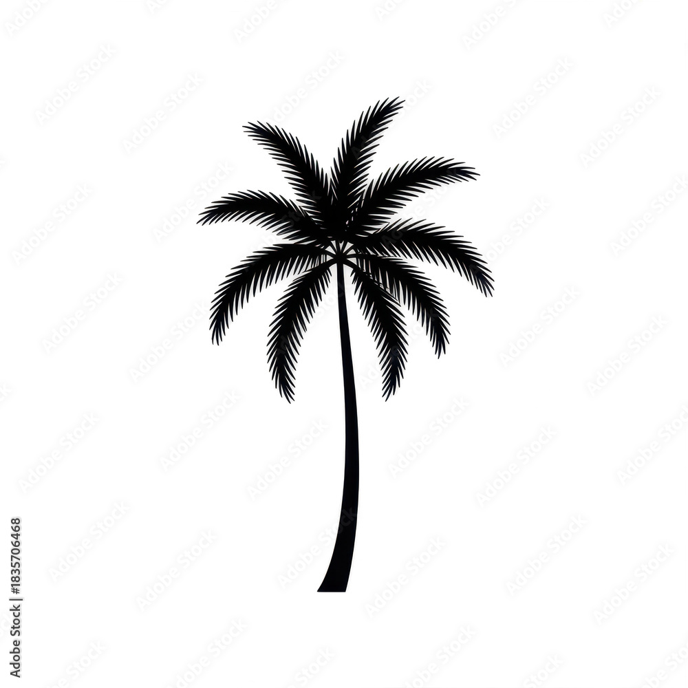 Obraz premium Silhouetted palm tree against a plain white background. Dark silhouette of a single palm tree with a tall, slender trunk and full, broad fronds, standing upright. Simple, clean design