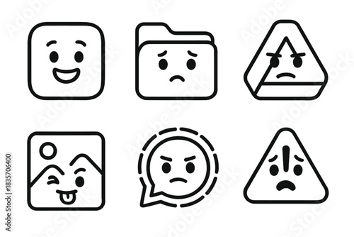 Line Style Tech Icons. Line style icons of Tech Personalities: cheerful app, shy folder, serious drive, silly icon, brave signal,