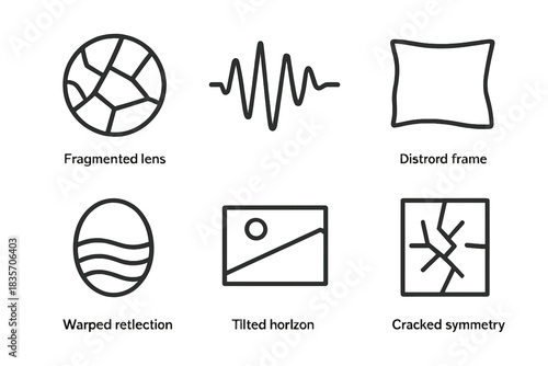 Visual Distortion Icons. Line style icons of Visual Distortion: fragmented lens, offbeat rhythm, distorted frame, warped