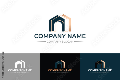 Abstract architectural logo with three overlapping house shapes and arched doorways building
