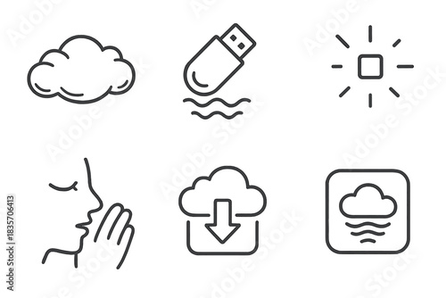 Soft Data Icons. Line style icons of Soft Data Dreams: cloud pillow, floating USB, glowing pixel, whispering icon, dreamy download