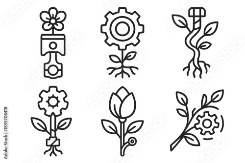 Organic Machinery Icons. Line style icons of Organic Machinery: floral piston, rooted gear, iron vine, mechanical blossom,