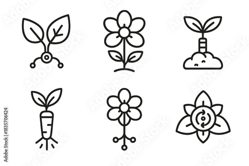 Synthetic Garden Icons. Line style icons of Synthetic Garden: robotic leaf, chrome blossom, iron sprout, glowing root, wired