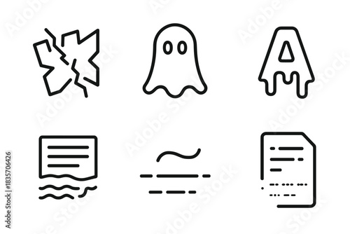 Vanished Language Icons. Line style icons of Vanished Language: fractured symbol, ghostly word, melting letter, shadowed script,