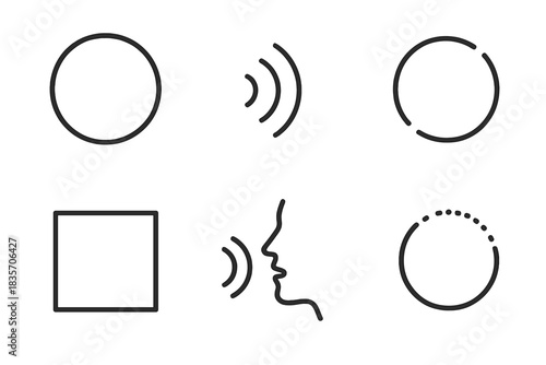 Echoed Silence Icons. Line style icons of Echoed Silence: hollow circle, fading wave, broken outline, empty frame, whispering void