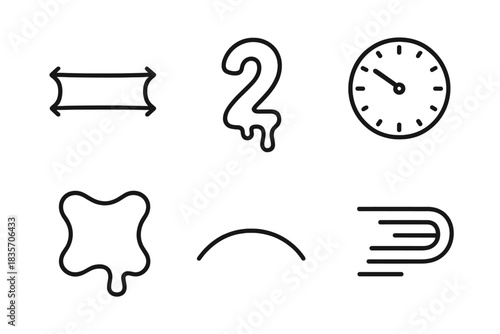Elastic Time Icons. Line style icons of Elastic Hours: stretched shape, melting digit, drifting needle, liquid edge, curved