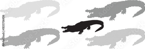 Five Alligator and Crocodile Silhouettes Made of Dots and Solid Black reptile animal