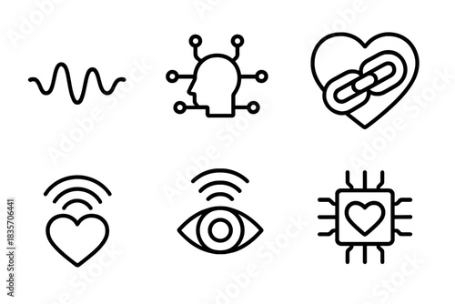 AI Empathy Symbols. Line style icons of AI Empathy: soft waveform, open circuit, warm link, caring signal, attentive sensor,