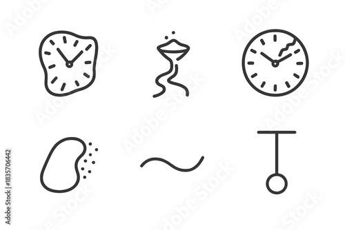Gentle Decay Icons. Line style icons of Gentle Decay: warped clock face, flowing sand trail, cracked dial, fading mark, bending