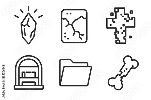Memory Ruins Icons. Line style icons of Memory Ruins: glowing shard, cracked data stone, pixel relic, silent archive, empty folder