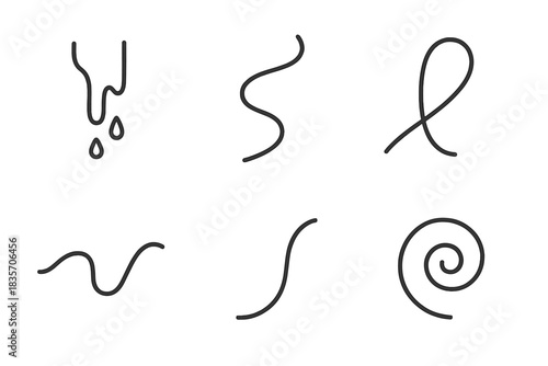 Fluid Transition Icons. Line style icons of Fluid Transitions: melting line, twisting curve, looping beam, sliding wave, bending