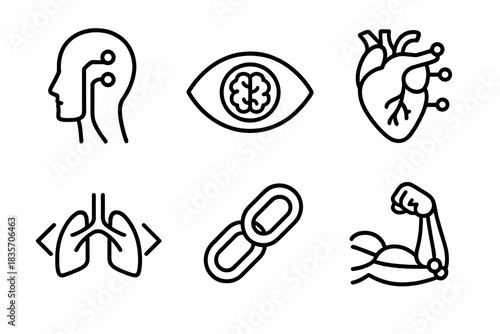 Human-Machine Unity Icons. Line style icons of Human-Machine Unity: soft circuit, mindful eye, data organ, chrome muscle,