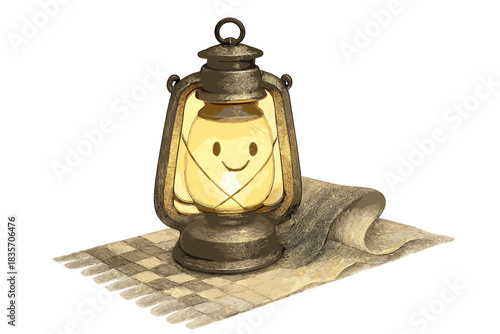 Lantern Illuminating Woven Cloth. a friendly lantern illuminating half-woven cloth made of alternating light and darkness, silver