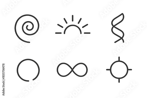 Imaginative Loop Icons. Line style icons of Imaginative Loops: floating spiral, radiant curve, twisting ribbon, circular pulse,