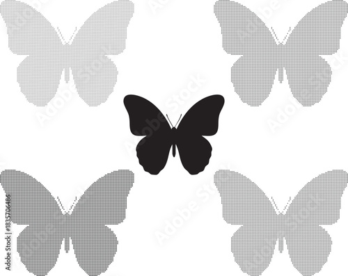 Five Butterfly Silhouettes Created with Dots and Solid Black insect animal