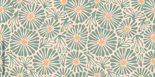 Retro floral seamless pattern with green flowers and peach centers on beige background