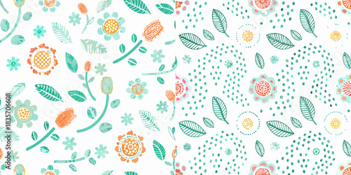 Floral pattern with hand drawn flowers and leaves on white background