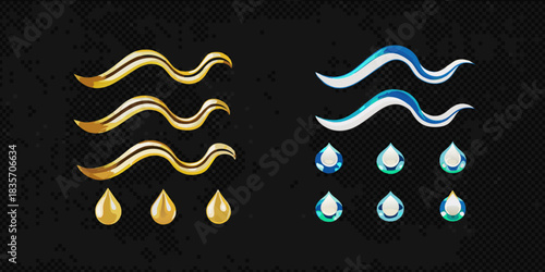 Golden and blue water element icons with waves and drops