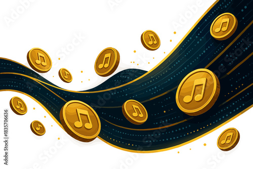 Musical Coin Data Streams. a digital royalty-calculation tool represented by musical coins flowing through data streams, gold and