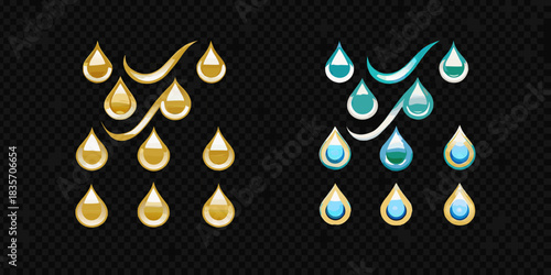 Golden oil and blue water drops icons on transparent background