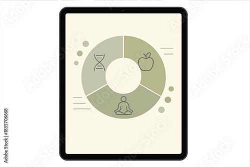 Holistic Health Visualization. a tablet screen combining genetics, nutrition, and wellness data in a circular harmony chart, olive