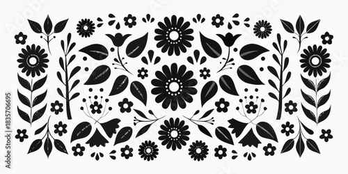 Black and white floral pattern with flowers leaves and branches
