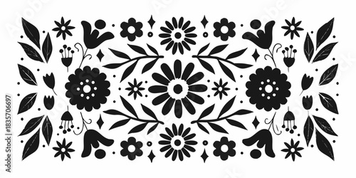 Black and white floral folk art pattern with leaves and flowers