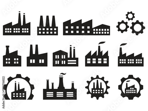 Collection of black silhouette icons representing various factory buildings, industrial plants, and manufacturing facilities with smokestacks and gears, isolated on white background.