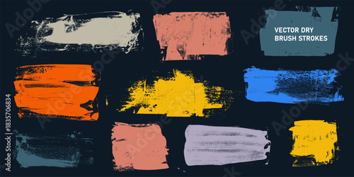 Hand drawn colorful dry brush strokes, paint stains set. Vector artistic textured, text boxes, frames. Grunge rectangles, wide brush stripes, uneven paint shapes with rough edges for creative design.